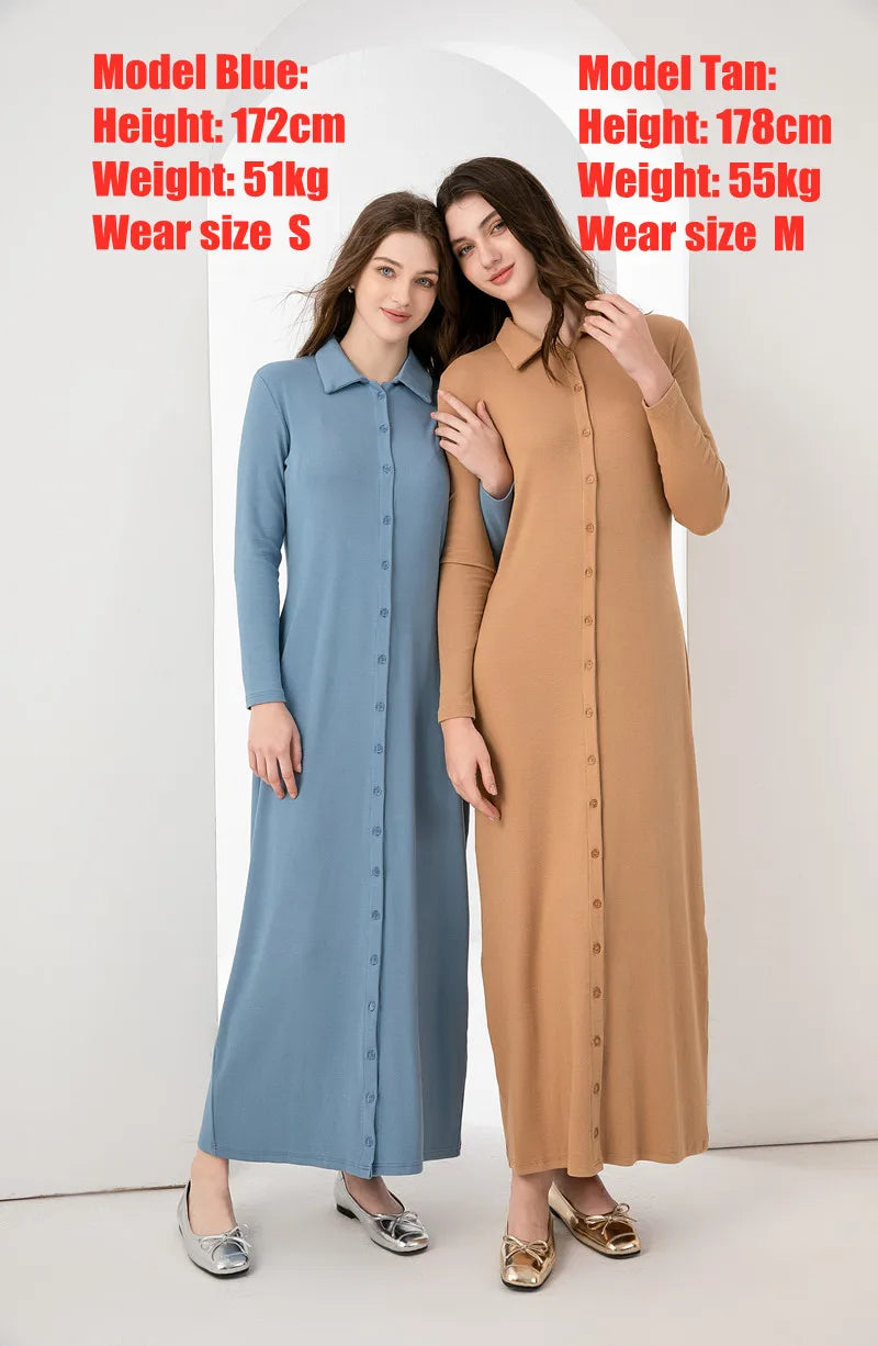 maxi dress button design woman clothes full sleeve Ankle Length comfortable ribbing clothing  ( Ship out in 1 day)