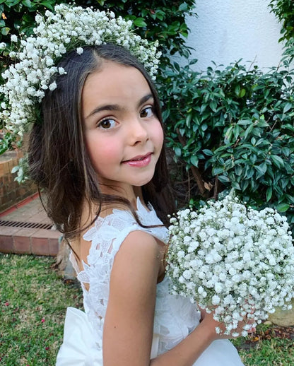 Communion Girl Dress Lace Appqulies Bodice Floor-length Skirt Puffy Dress with Long Train Formal Party Toddler Clothe