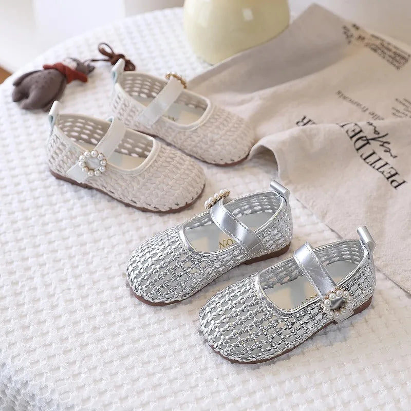 Spring Girl's Sandals Braided Pearl Hook-loop Chic Kid's Flat Shoe Solid Colors Anti-slip Casual Versatile Children Shoes 4-6Y