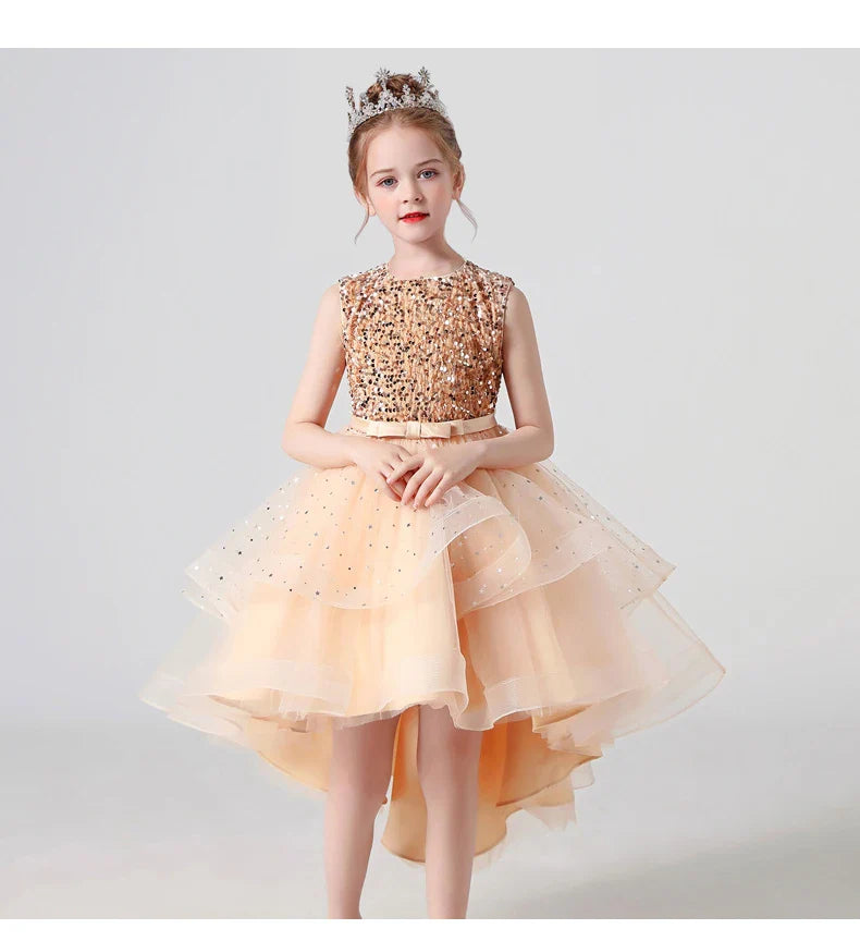 Summer Sequin Lace Tuxedo Wedding Dress for girls 3-13 years old Sleeveless fluffy Mesh gauze Doveark brand