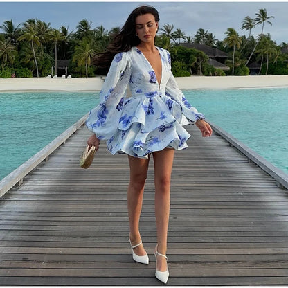 Backless Party Dress Women Elegant 3D Flower Print Sling Lace Up Ruffle A-line Mini Evening Dresses Female 2025 Summer Swimwears
