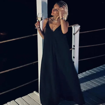 Women's Slip Dress Summer Green Red Black Dress Casual V-Neck Backless Long Dresses Sleeveless Vestidos Resort Dresses