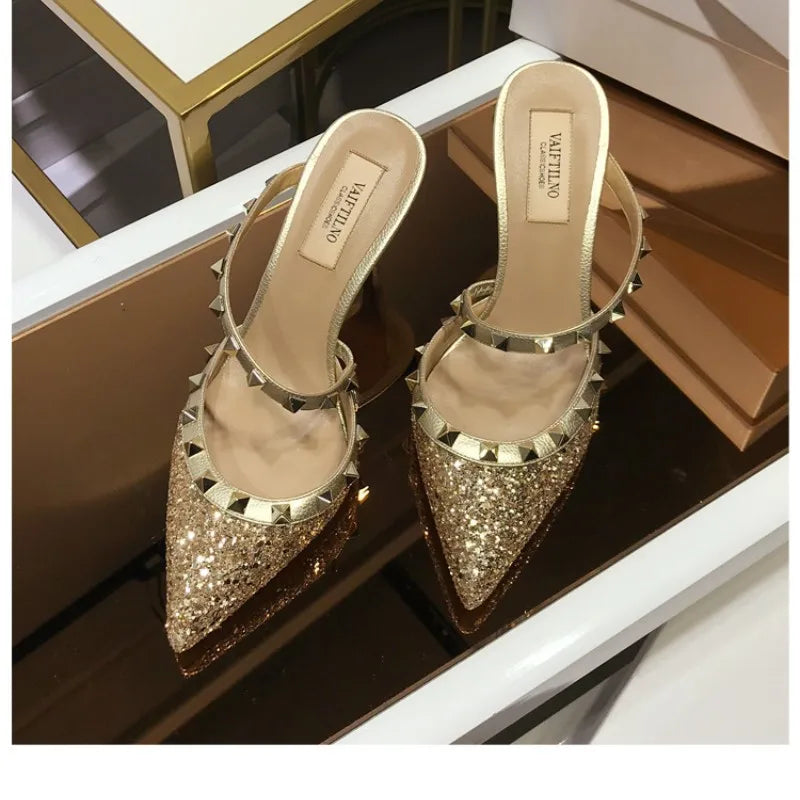 2025 New Genuine Leather Gladiator Pumps Sandals Luxury Metal Rivets Summer Women Outdoor Slippers Black Fashion High Heels 41