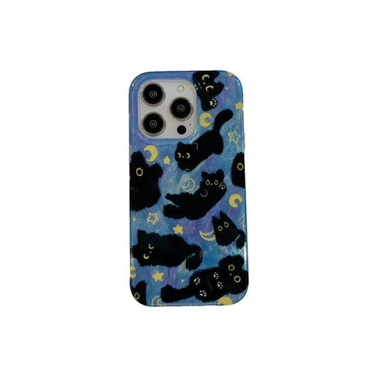 Korean Ins Cute Black Cats Double Layers Wrist Chain Phone Case for iPhone 17 16 15 14 13 12 Pro Max Plus Back Cover