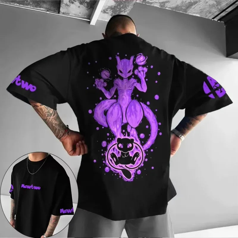 Plus Size T-shirt 2025 Summer Men's Street Trend Animation Mewtwo Printing Casual Versatile Harajuku