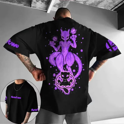 Plus Size T-shirt 2025 Summer Men's Street Trend Animation Mewtwo Printing Casual Versatile Harajuku