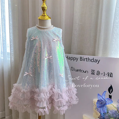 Kids Girls Fairy Princess Dress Sleeveless Bow Sequined Cake Dress Children Puffy Skirt Birthday Party Vest Tulle Dresses