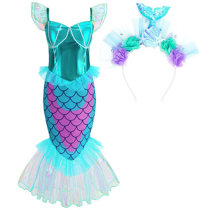 Blue Red Purple Three Colors Mermaid Flying Sleeve Fishtail Beautiful Dress For Girl Summer Beach Party Cool Swimsuit Set