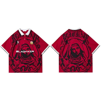 Hip Hop Streetwear Polo T-Shirt Virgin Mary Graphic T Shirt Men Polo Shirt Short Sleeve Harajuku Cotton Tops Tees Red Grey