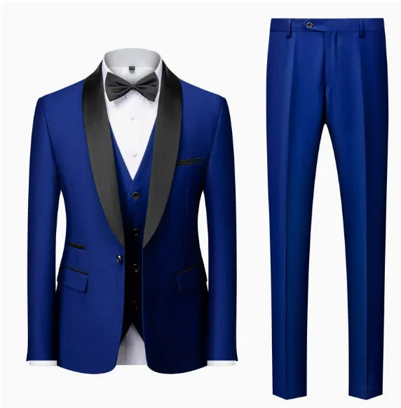 US Size Men Lapel Black Collar 3 Pcs Suit Set Coat Vest Trousers / Business Groom Wedding Dress Fprmal Blazer Pants Waistcoat
