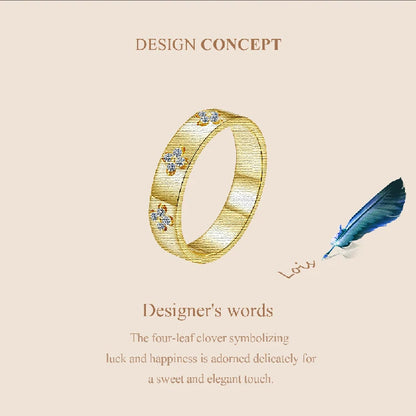 925 Sterling Silver Lucky Clover Moissanite Ring, Gold Plated D Color Round Cut Wide Band Ring for Women Wedding Gift