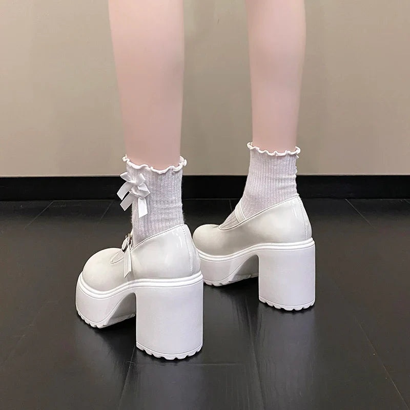 Black Super High Heels Mary Jane Shoes Women 2026 Goth Chunky Platform Pumps Woman Plus Size Ankle Buckle Party Lolita Shoes 42