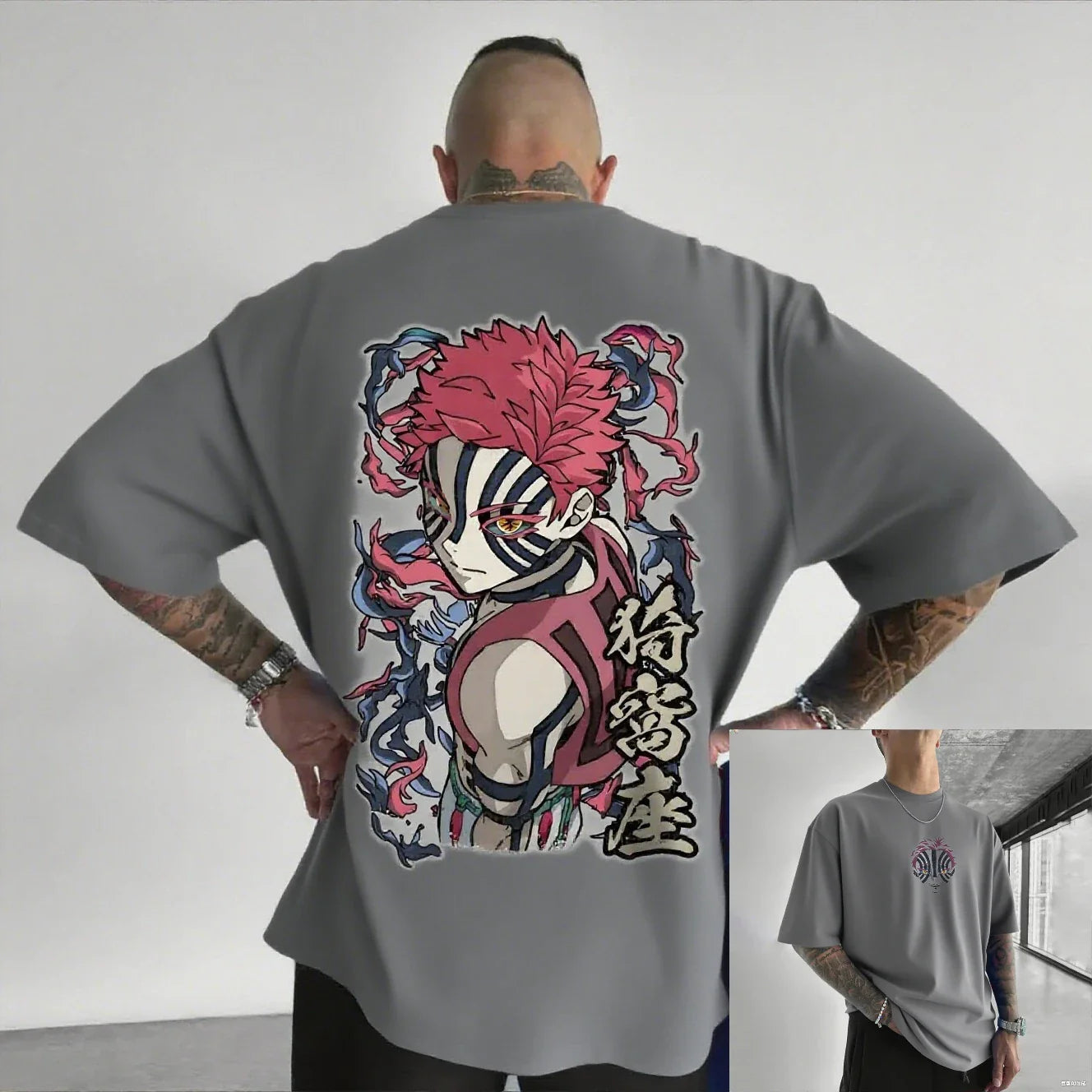 Camiseta Masculina Demon Slayer Akaza Anime Oversized Algodão Feminina Manga Curta Tops Verão Streetwear Gráfica Casual Roupa Y2k