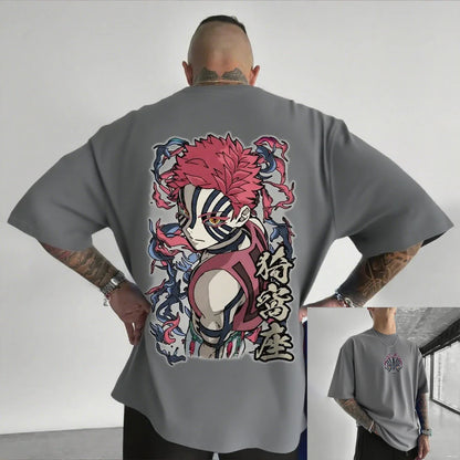 Camiseta Masculina Demon Slayer Akaza Anime Oversized Algodão Feminina Manga Curta Tops Verão Streetwear Gráfica Casual Roupa Y2k