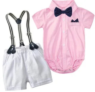 Solid Newborn Baby Boy Outfit Set Bow Formal Gentleman Suit for Toddlers Summer Sky Blue Romper + White Shorts Clothes for Baby