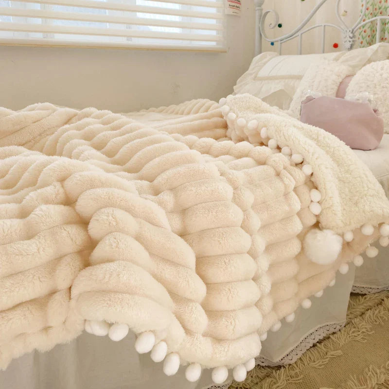 Solid Color Striped Fluffy Blanket Milk Velvet Soft Blanket with Cute Pompoms 3D Stereo Craft Travel Warm Bedding All Season