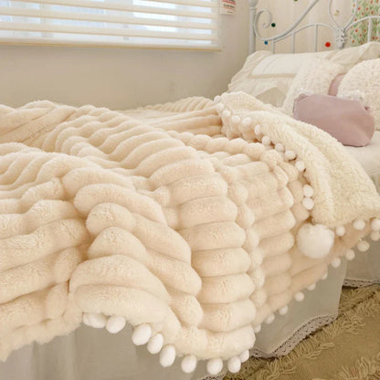 Solid Color Striped Fluffy Blanket Milk Velvet Soft Blanket with Cute Pompoms 3D Stereo Craft Travel Warm Bedding All Season
