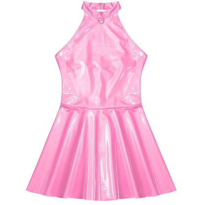 Glossy Patent Leather Glossy Mini A-Line Latex Dress for Womens Swing Skirt Skater Bodycon Mini Dress Rave Disco Party Clubwear