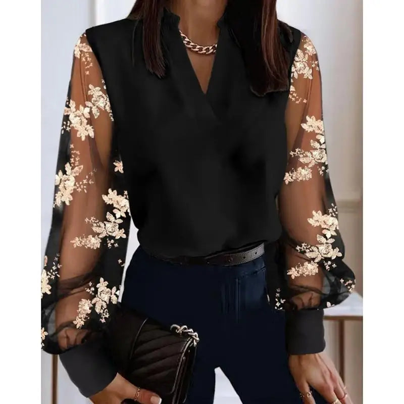 Elegant Retro Women's Long Sleeved Shirt V-neck Lace Fashionable Top for Ladies