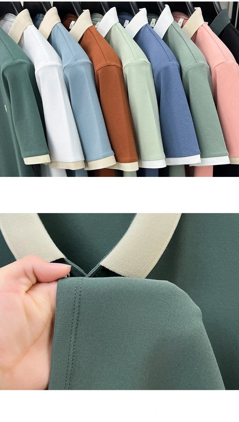 Designer brand silk cotton short sleeve polo shirt summer new Korean casual men's T-shirt fashion embossed soft breathable top