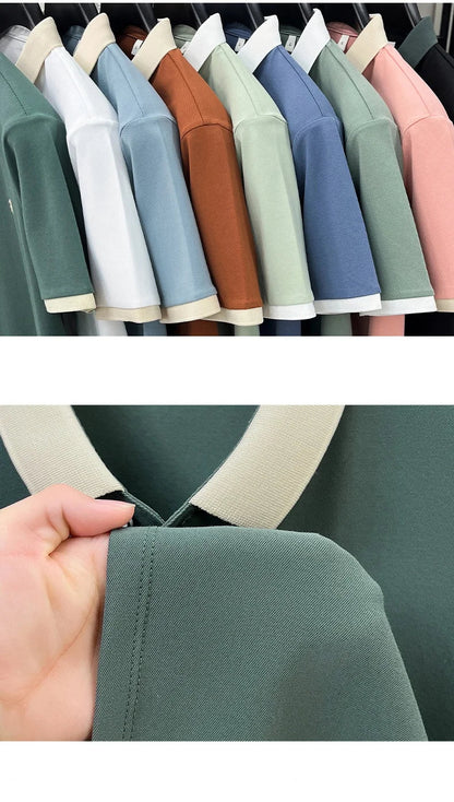 Designer brand silk cotton short sleeve polo shirt summer new Korean casual men's T-shirt fashion embossed soft breathable top