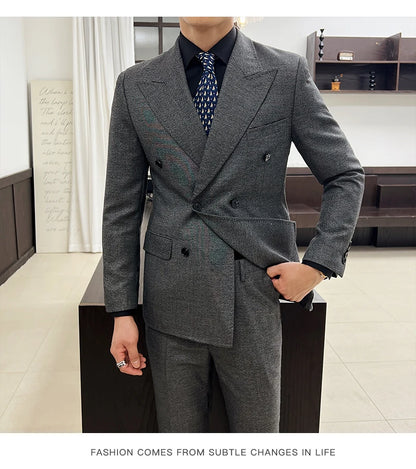 Men Vintage Luxury Double Breasted Slim Fit Lapel Evening Gown ltalian Style Fashion High-end Groom Wedding Party Tuxedo 2 Piece