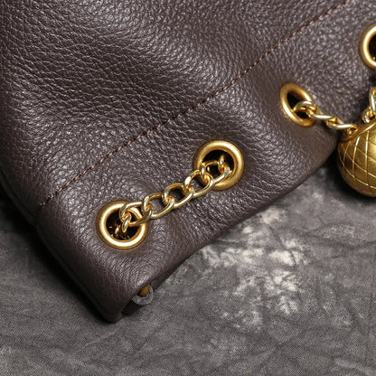 Metal Drawstring Versatile Women's Handbag Genuine Leather Chain Crossbody Bag Vintage Bucket Bag Mobile Phone Bag