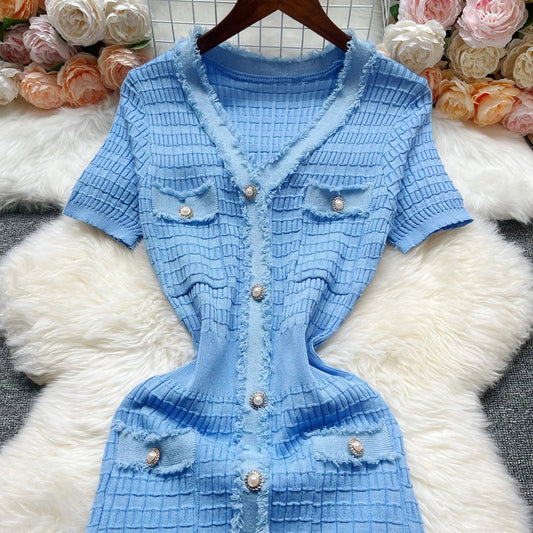 Fashion Sexy Package Hips Knitted Dress Women V-neck Single-breasted Bodycon Sweater Dress Office Lady Vestidos