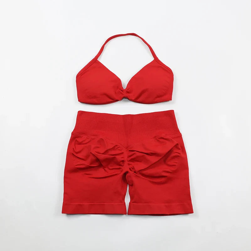 Scrunch Seamless Yoga Set Women Sportswear Ribbed Gym Shorts Strappy Sports Bra 2 Piece Set Halter Workout Clothes Fitness Suit