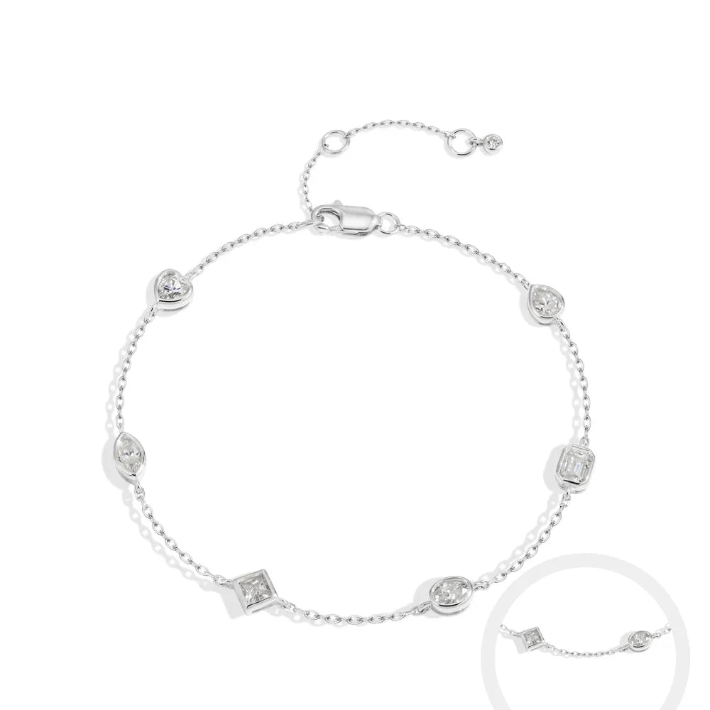 Mixed Cut Bezel Moissanite Bracelets for Women S925 Silver Adjustable Extension Chain Popular Jewelry for Wedding Party