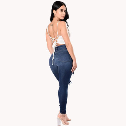 Calça Jeans Feminina Outono Cintura Alta Rasgada Skinny