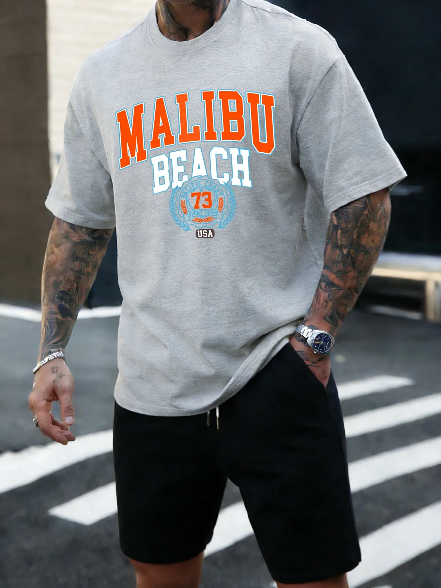 Malibu Beach 73 Usa Printing T-Shirt Mens Cotton T Shirts O-Neck Summer Basics Clothes Casual Trendy All-Match Short Sleeve