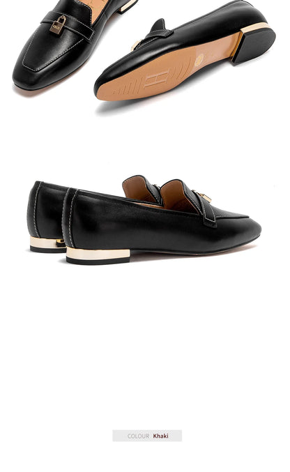 Women's Leather Loafers with Gold Lock Detail Square Toe Low Heel Penny Casual Office Slip-On Dress Shoes for Woman
