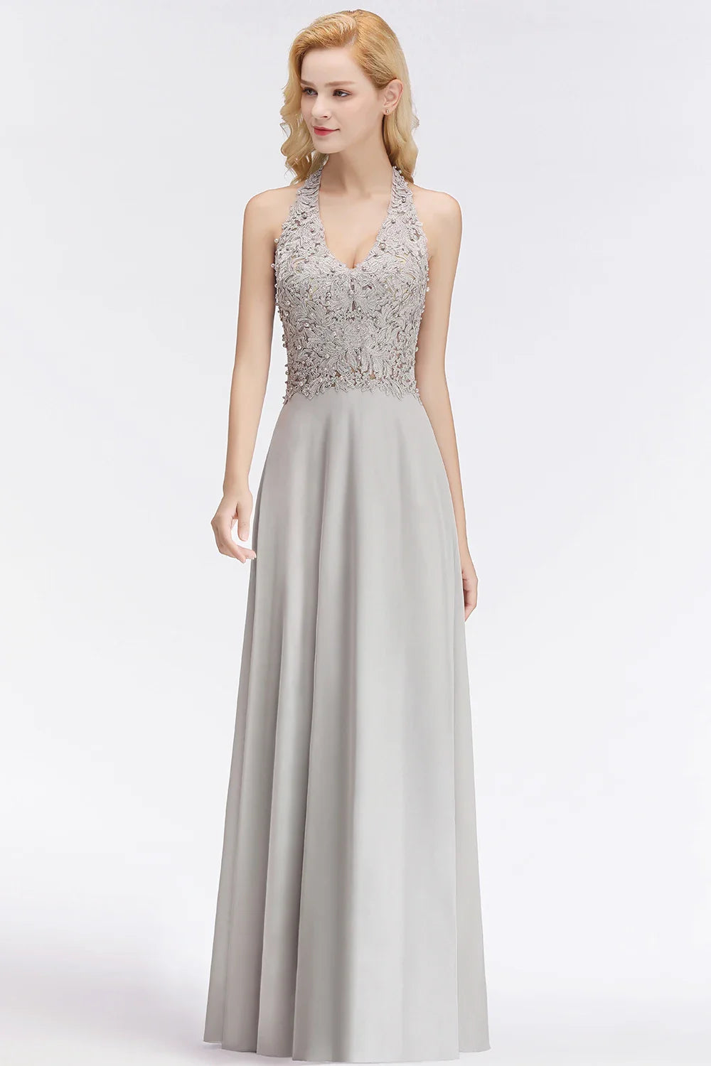 A-line V-neckline Chiffon Lace Pearls Beadings Floor-length Prom Dress Sleeveless Evening Elegant Party Dresses For Women 2024