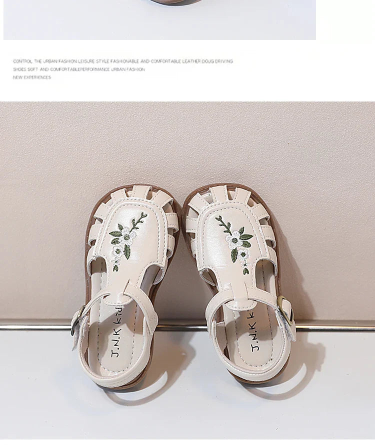 Traditional Chinese Embroidery Kids Shoes for Girl Sandals Summe Retro Princess Shoes Roman Style Girls Leather Shoes Kid F05173