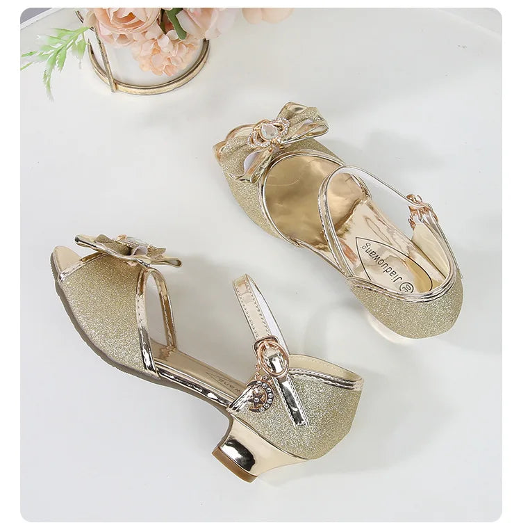 Girls Princess Sandals Summer Open-toe Elegant Children High Heels Fashion Sequins Crown Kids Causal Glitter Wedding Dress Shoes