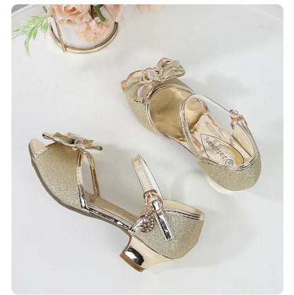Girls Princess Sandals Summer Open-toe Elegant Children High Heels Fashion Sequins Crown Kids Causal Glitter Wedding Dress Shoes
