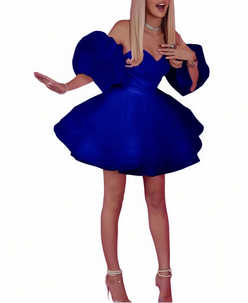Vestidos de baile de cetim e tule ombro a ombro para festa, vestido de baile curto de coração, vestido de baile com mangas bufantes em linha A