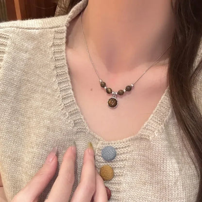 Vintage Leather Brown Stone Pendant Necklace Women's Retro Stacking Choker Temperament Clavicle Chain Hip Hop Jewelry Accessory