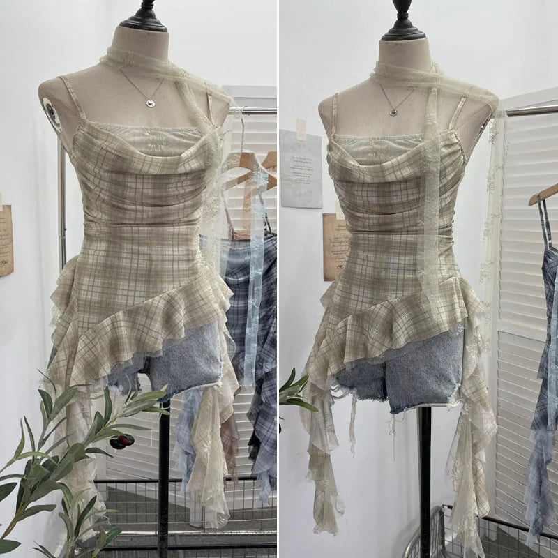 Y2K Plaid Camisole for Women Summer Casual Lace Scarf Breathable Stretch Mesh Patchwork Asymmetrical Ruffle Slim Tops