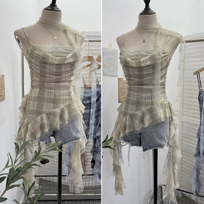 Y2K Plaid Camisole for Women Summer Casual Lace Scarf Breathable Stretch Mesh Patchwork Asymmetrical Ruffle Slim Tops