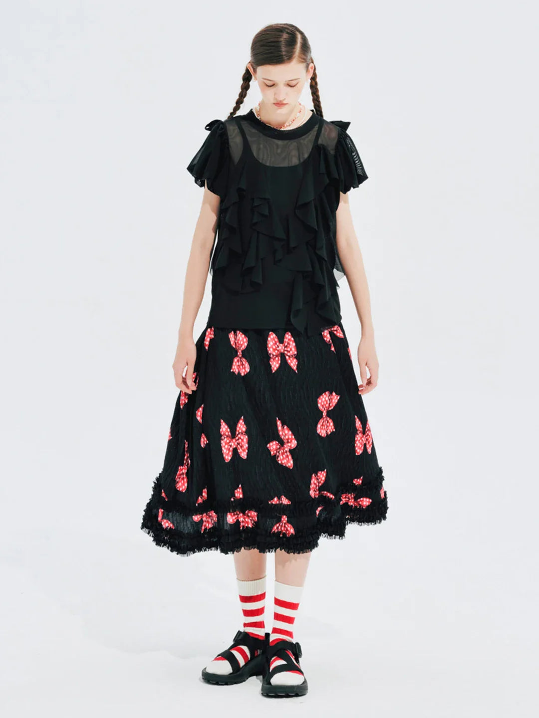 Original design bow pleated lace stitching elastic waist skirt for women 244659