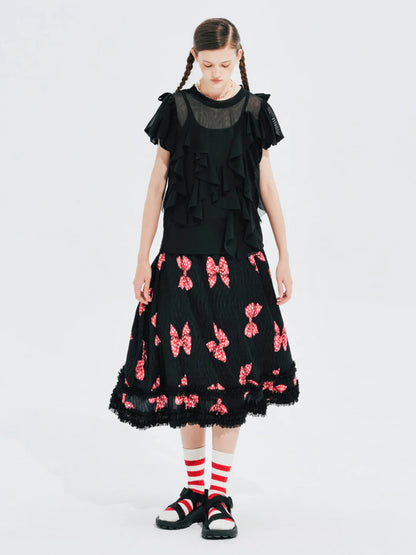 Original design bow pleated lace stitching elastic waist skirt for women 244659