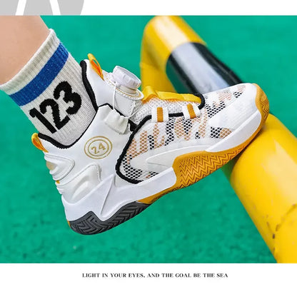 Boys Girls Quick Twist Lace Basketball Shoes Wear Resistant Comfortable Outdoor Athletic Footwear