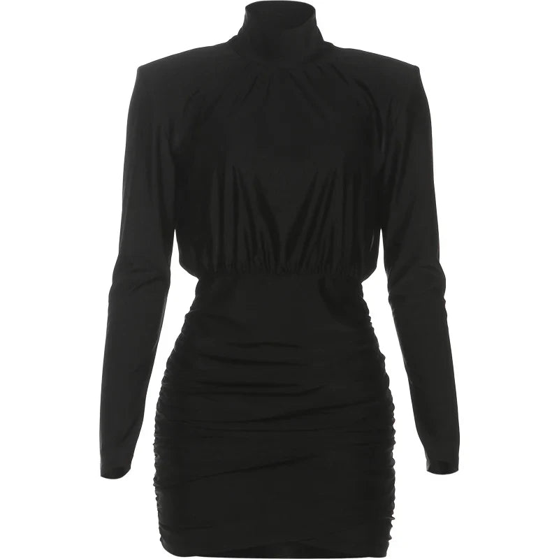 Classic Turtleneck Dress Women Shoulder Padded Ruched Sexy Office Commute Simple Peach Hip Skinny Elegant Mini Bodycon