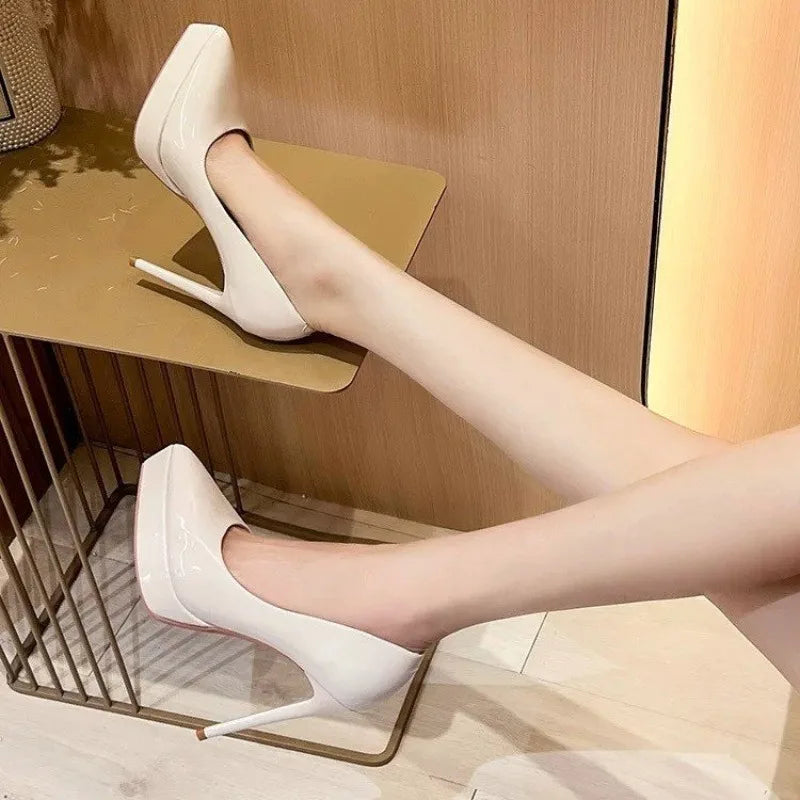 Nude Platform Heels Women's Spring 2025 New Patent Leather Stiletto Pointed Toe Single