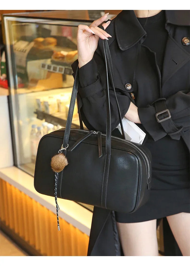 Women's Cow Genuine Leather Shoulder Bags Ladies Fashion Designer Luxury Handbags Female Retro Commute Boston Cowhide Handbag