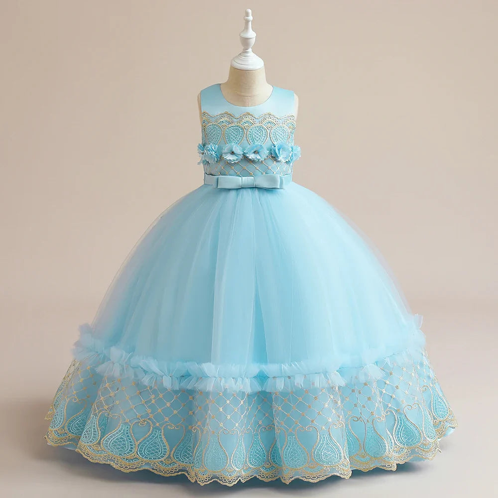 Summer Flower Bridemaid Girl Dresses Elegant Embroidery Princess Party Wedding Evening Dress for Girls Bow Birthday Prom Costume