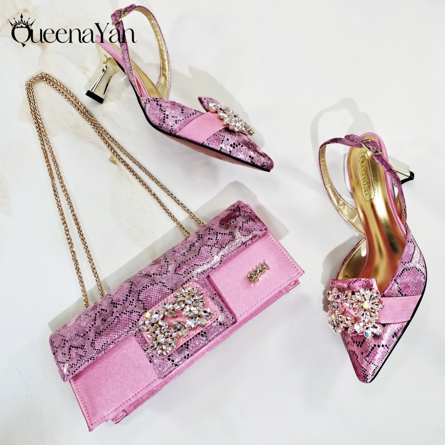 Elegant Mature Purple Color Style Rhinestone and Print Design Pointed Toe High Heels and Bag Set for Party Wedding