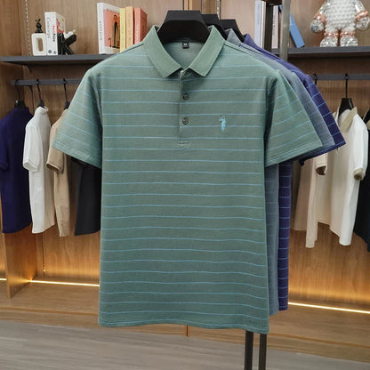 2026 New Summer Pure Cotton Short Sleeved Business Polo Shirt Men's Lapel Breathable Casual Versatile Top Striped T-shirt
